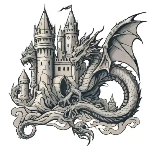 dragon and castle simplistic tattoo design idea