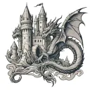 dragon and castle simplistic tattoo design idea