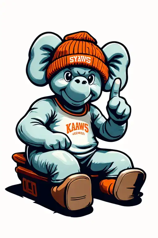 kaws statue sticking up his middle finger while sitting down with a Syracuse beanie on tattoo design idea