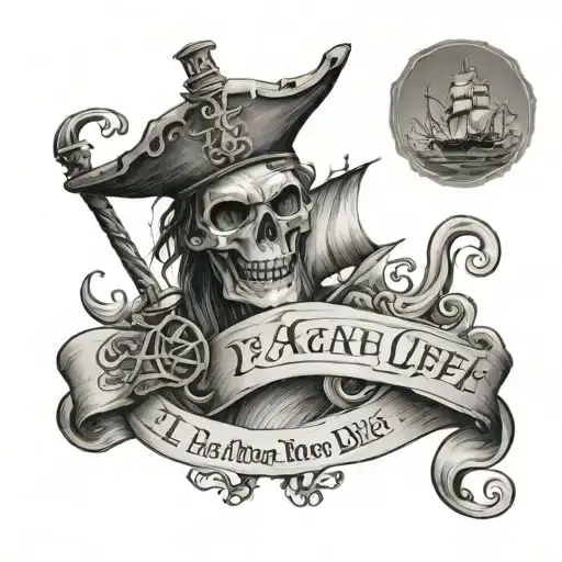 a banner scroll along the clavicle in pirate style reading "i'd rather laugh about my life than cry about my life" tattoo design idea