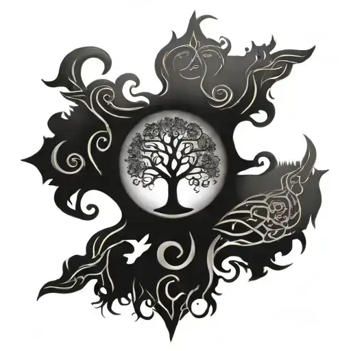 A majestic tree of life intertwined with Norse runes and saxophone keys tattoo design idea