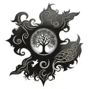 A majestic tree of life intertwined with Norse runes and saxophone keys tattoo design idea