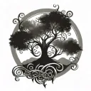 A majestic tree of life intertwined with Norse runes and saxophone keys tattoo design idea
