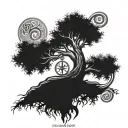 A majestic tree of life intertwined with Norse runes and saxophone keys tattoo design idea
