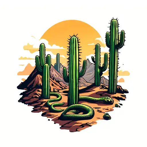 mountain landscapes that turns into a cactus dessert with a snake tattoo design idea