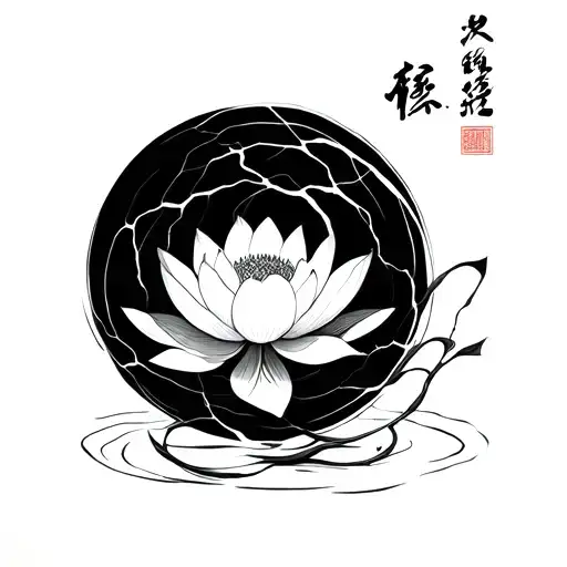 minimalist composition: a small lotus at the base, an Ensö above it, and subtle kintsugi cracks weaving through both. tattoo design idea