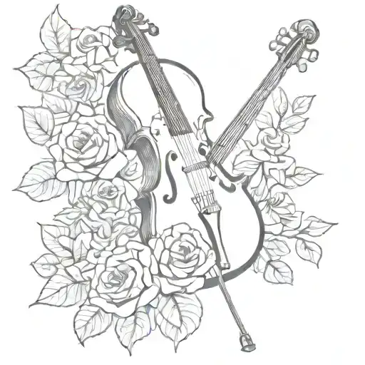 skull roses and cello black and white drawing tattoo design idea