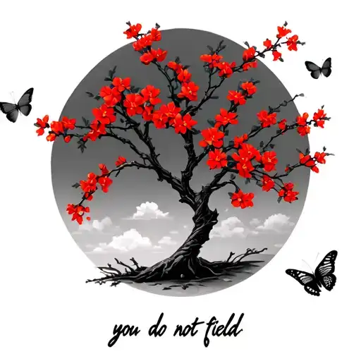 Sakura tree branch with red flowers, couple butterflies around it, with ' you do not yield' underneath it in cursive  tattoo design idea