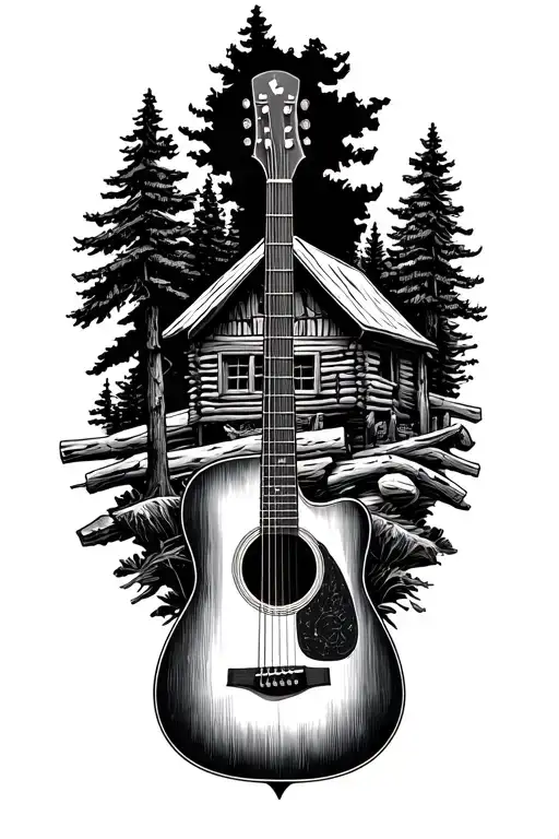 accoustic guitar surrounded by log cabin scene inside tattoo design idea