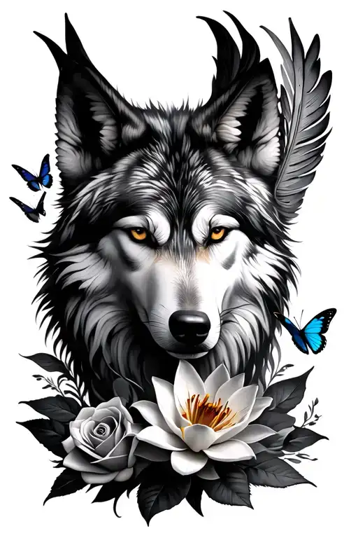 white wolf, roses, phoenix feather, lilies and lotuses and butterflies tattoo design idea