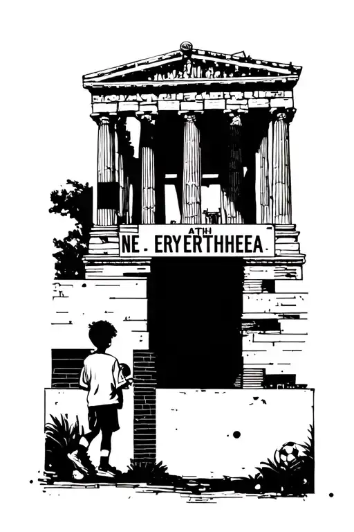 ATH, 210, steet signs saying nea erythrea , a kid with a soccer ball lookinhg up to the parthenon  tattoo design idea