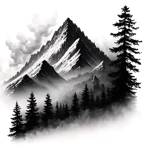 blurry mountain and trees amongst honeycomb pattern design with smoke black and white tattoo design idea