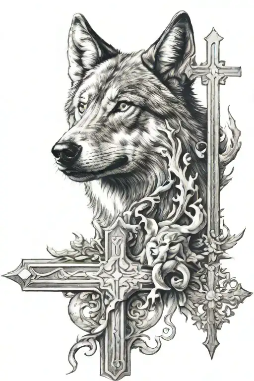 religious cross and wolf shadow tattoo design idea