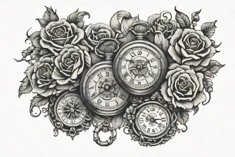 pocket watches with names, time and dates arranged on rosery bead necklace surrounded in roses tattoo design idea