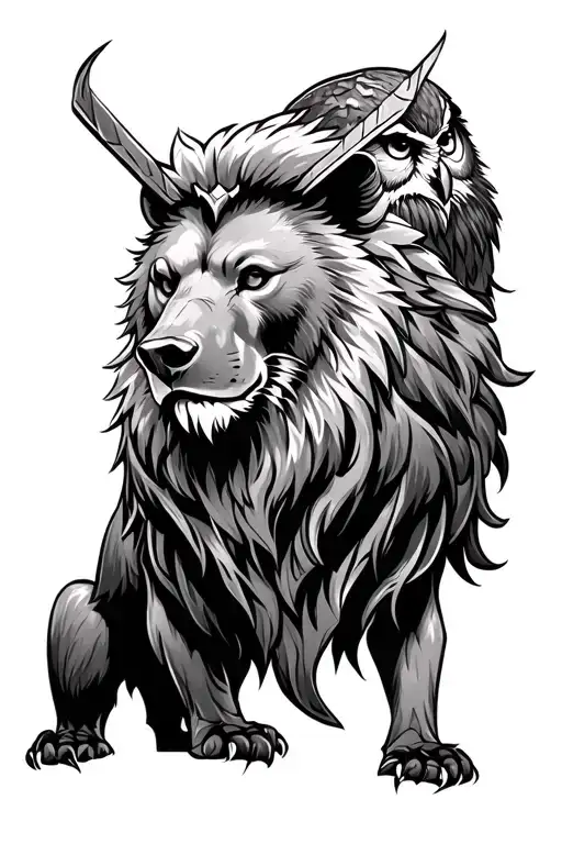 Norse style lion, bear, and owl tattoo design idea