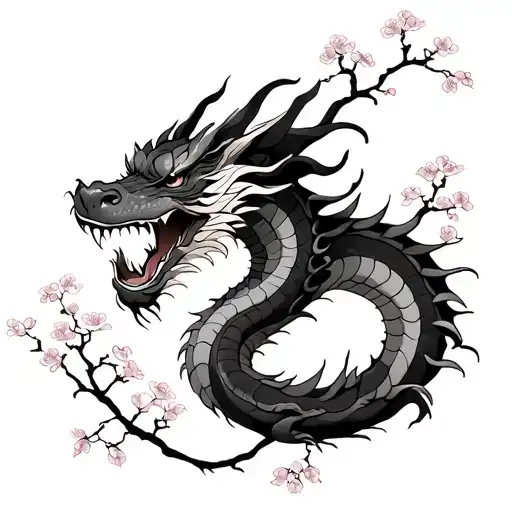 dragon with fine cherry blossom lines tattoo design idea
