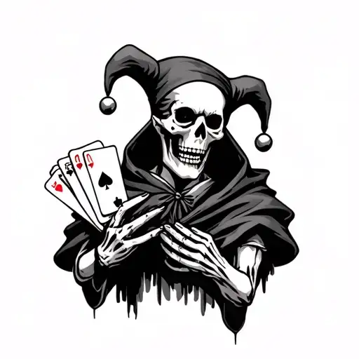 I want a skeleton jester in a cloak holding 4 playing cards with the second card being partially torn  tattoo design idea