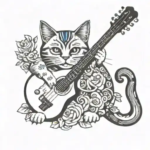 A traditional tattoo featuring a cat playing a guitar, merging your love for cats and music in a classic style tattoo design idea