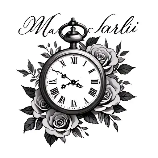 the name Marli with pocket watch and roses tattoo design idea