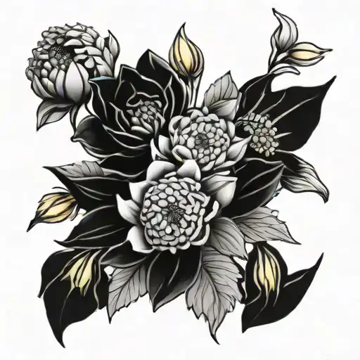 daffodils, jonquils, chrysanthemum and peony in a bouquet for a small tattoo tattoo design idea