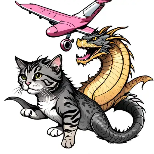 A cat with a fish tail swims next to a dragon with a tail of their gold. A pink private jet is flying above them tattoo design idea
