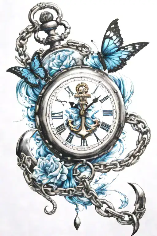 anchor with chain conected to a pocket watch surrounded by ocean, little ducks, butterflies, white tiger with blue eyes, tattoo design idea