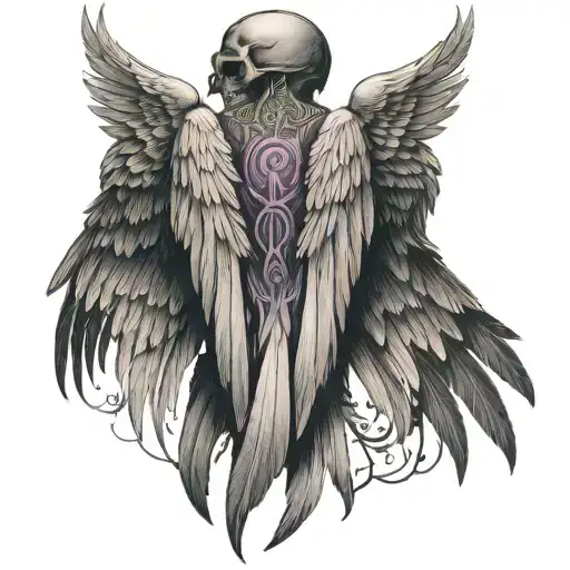 Wings male full back piece black purple.. Gray and white.. Human 6 inch spine from nape of neck to shoulder blades. tattoo design idea