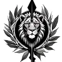 make me a  a Leo zodiac sign picture with an arrow coming out down and two sides surrounded by an olive tree leaf tattoo design idea