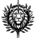 make me a  a Leo zodiac sign picture with an arrow coming out down and two sides surrounded by an olive tree leaf tattoo design idea