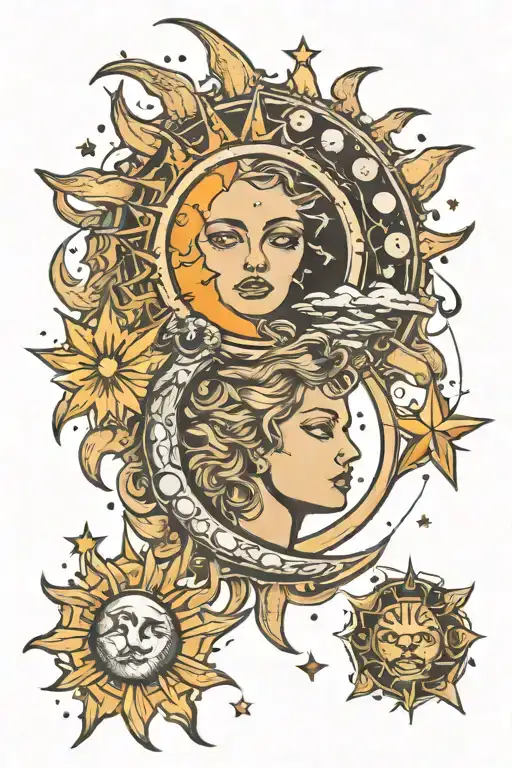 the moon, the sun, the stars, royalty theme sleeve tattoo design idea