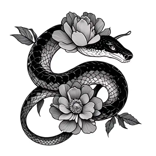 diamond back snake coiled sound peony flowers tattoo design idea