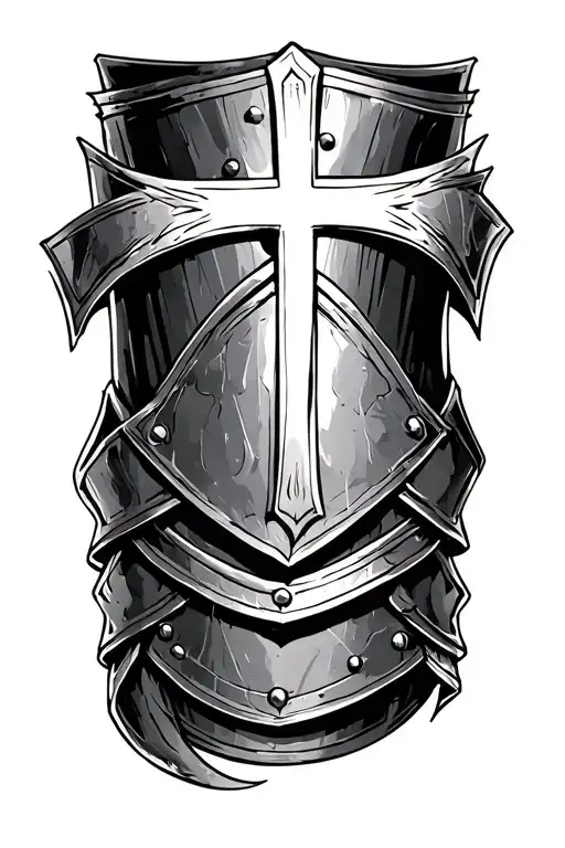 A simple black ink forearm tattoo design featuring a clean, minimal Roman bracer (symbolizing the Armor of God) + cross tattoo design idea