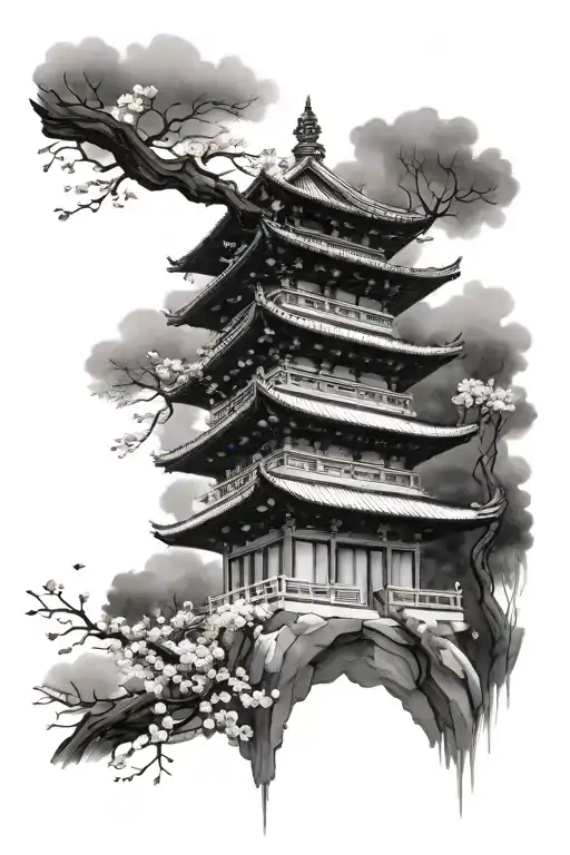 make me a long straight pagoda temple with a cherry blossom tree next to it and have cherry blossom flowers falling tattoo design idea