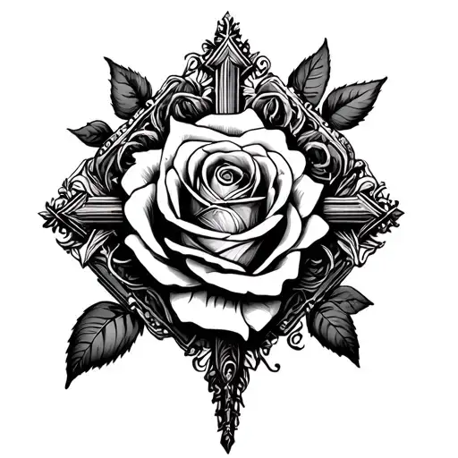 western cross surrouned by rose tattoo design idea