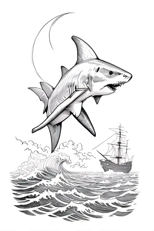 Realistic shark with waves and half moon, blackwork tattoo for forearm, with broken ship in background, sketch style,  tattoo design idea