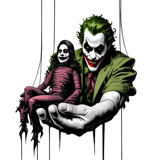 joker hand holding a puppet master with strings tattoo design idea