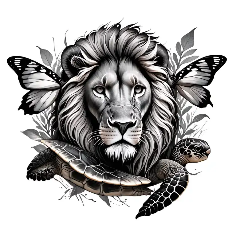 lion, sea turtle, butterfly integrated into one tattoo design idea