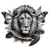 lion, sea turtle, butterfly integrated into one tattoo design idea
