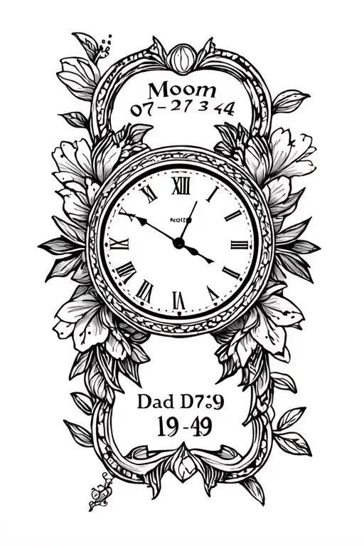 time piece memorial tattoo Mom 07/23/44 Dad 09/15/39 tattoo design idea