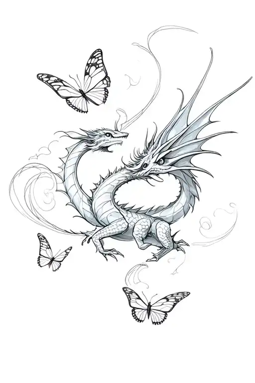 dragons and butterflies flying tattoo design idea