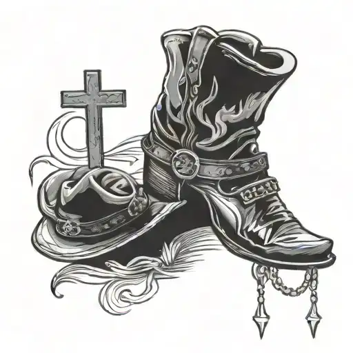 cowboy hat, cross, and cowboy boots tattoo design idea