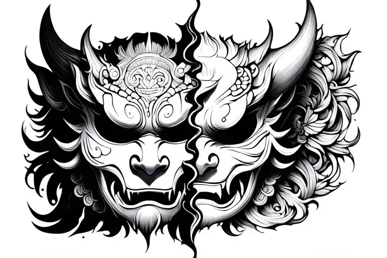 oni mask split in half tattoo design idea