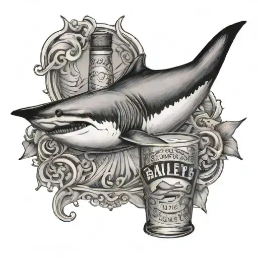 bottle of baileys, shark fin and a son tattoo design idea
