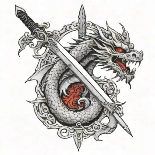 a sword and Chinese red dragon around it  tattoo design idea