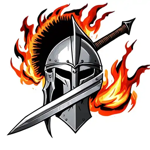 sparta helmet with sword surrounded fire tattoo design idea
