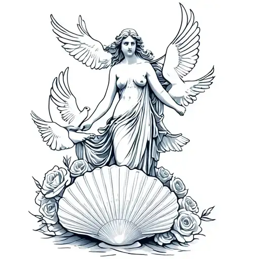Statue of Greek goddess Aphrodite coming out of seashell surrounded by roses and doves tattoo design idea