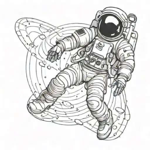 floating astronaut, retro-futuristic style with strong cross-hatching and bold outlines. Dynamic pose with outstretched  tattoo design idea