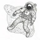 floating astronaut, retro-futuristic style with strong cross-hatching and bold outlines. Dynamic pose with outstretched  tattoo design idea