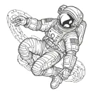 floating astronaut, retro-futuristic style with strong cross-hatching and bold outlines. Dynamic pose with outstretched  tattoo design idea