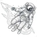 floating astronaut, retro-futuristic style with strong cross-hatching and bold outlines. Dynamic pose with outstretched  tattoo design idea